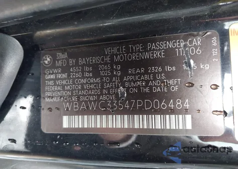 2007 BMW 328Xi z USA, uszkodzony, nr VIN WBAWC33547PD06484